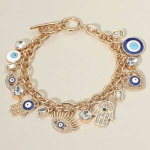 Gold Evil Eye & Hamsa Hand Charm Bracelet with Crystal Accents